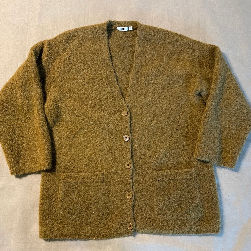 Uniqlo Wool Blend Textured Cardigan XL Green Oversize Pockets Unisex Grandpacore